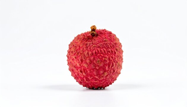 Close-up of a single ripe red lychee fruit on white.