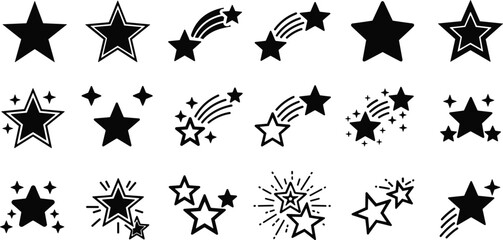 Star icons set with shooting stars, sparkles and decorative shapes, celestial symbols for celebration, magic and design elements, black vector illustration collection © Mstferdoshi