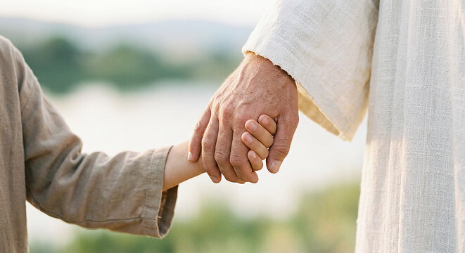 Close-up of a person's hand in a white robe holding a child's hand with holding hands blurred background gentle touch human hands interlocking fingers human interaction