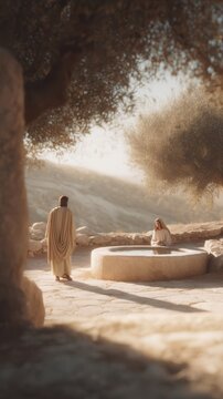 Woman of samaria receiving living water from jesus at jacob's well finding and healing spiritual salvation