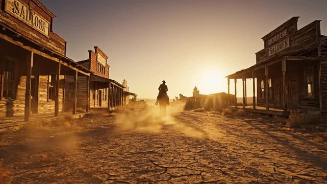 Cowboy riding horse through dusty Western ghost town at sunset