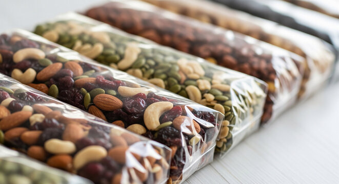 Variety of healthy snacks in clear plastic packaging nuts and dried fruit trail mix portion control snack food ready to eat individually wrapped snack time