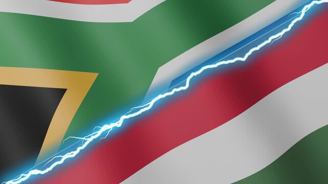 Two waving flags South Africa and Hungary with diagonal lightning seamless, 4k loop