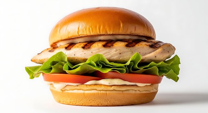 A delicious grilled chicken sandwich with lettuce and tomato on a bun