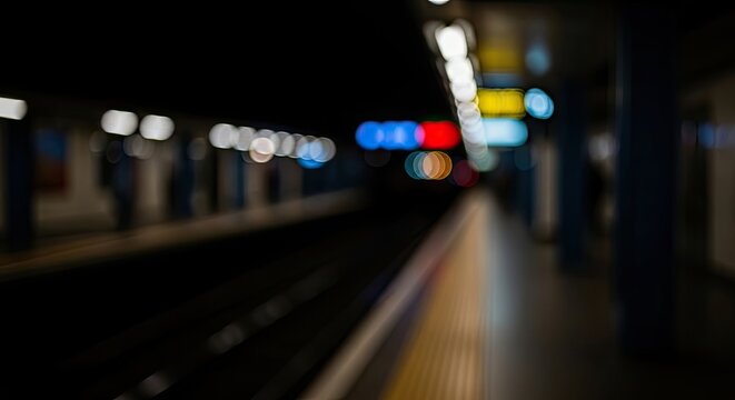 Blurry subway station platform at night.