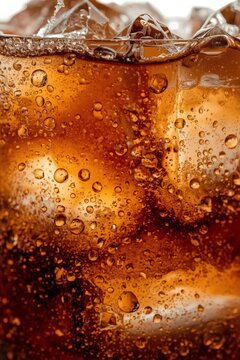 There is a close up of a glass of soda with water droplets