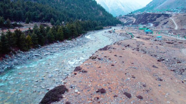 Drone Flying Over Baspa River with Mountain Views &ndash; Chitkul Aerial Footage