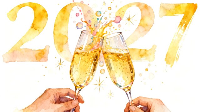 Watercolor New Year 2027 Celebration with Hands Toasting Champagne Glasses and Festive Sparkles