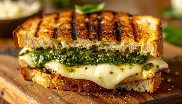 Grilled chicken panini sandwich with melted mozzarella cheese and fresh vibrant green pesto sauce. Rustic wooden board. Tasty food. Delicious snack