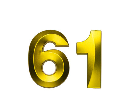 A shiny gold single number sixty-one with a swirling, reflective metallic texture, on a clean white background.