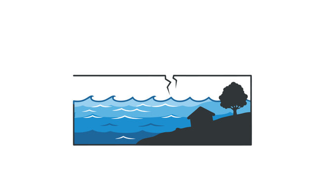 Cracked dam with water spilling over, threatening a small house and tree.