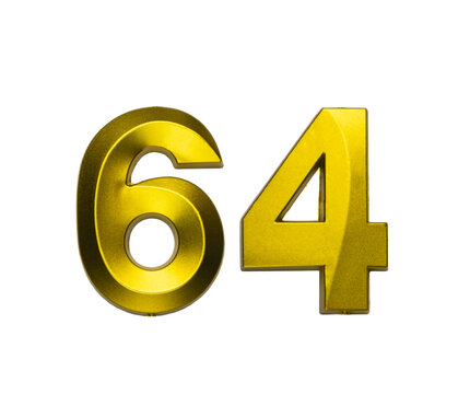 A shiny gold single number sixty-four with a swirling, reflective metallic texture, on a clean white background.