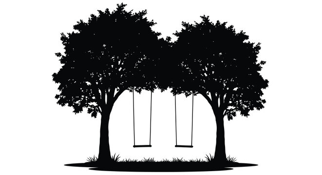Two trees with hanging swings create a peaceful outdoor scene silhouette