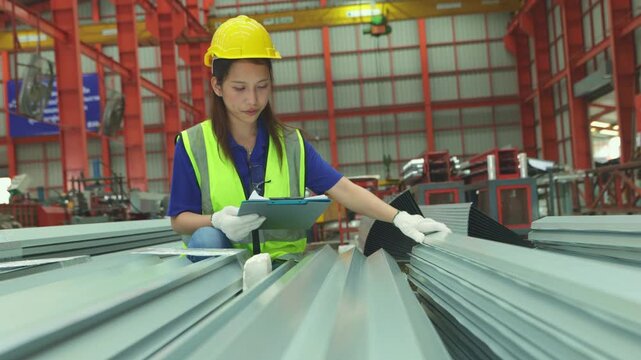 Female worker inspect rust proof coated corrugated metal sheets ensuring strength aesthetics before shipment distributors within the industrial metal sheet manufacturing plant.