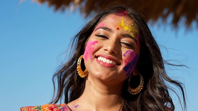 Woman with colorful Holi powder on face.