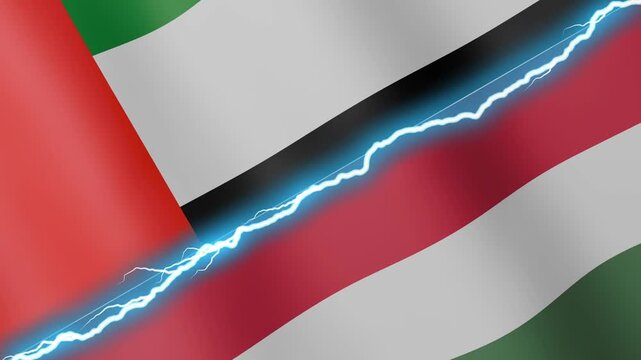 Two waving flags United Arab Emirates and Hungary with diagonal lightning seamless, 4k loop