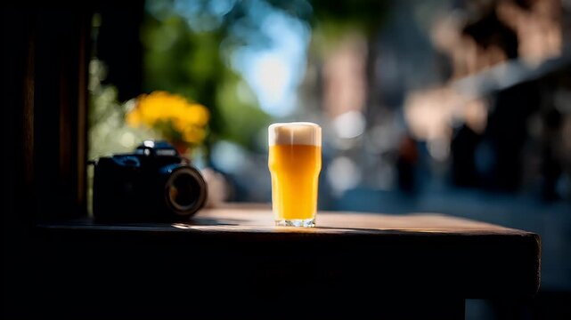 Spring Summer outdoor leisure relaxation activity. A closeup shot of a glass of goldencolored beer on a wooden surface. The glass is filled to the brim with frothy foam. To the left of the glass.