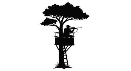 Fototapeta premium Hunter in a tree stand aiming a rifle striking black silhouette