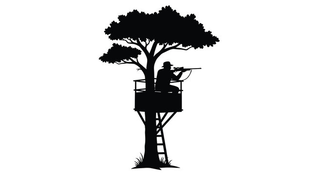 Hunter in a tree stand aiming a rifle striking black silhouette