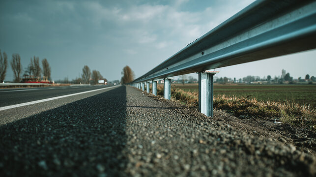 Low angle view of asphalt road with metal guardrail in countryside landscape under clear sky representing travel, safety, highway infrastructure and rural transport
