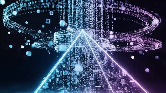 Dynamic digital pyramid with glowing neon outline and cascading binary code rain amidst swirling particles, symbolizing data, information, and abstract technology