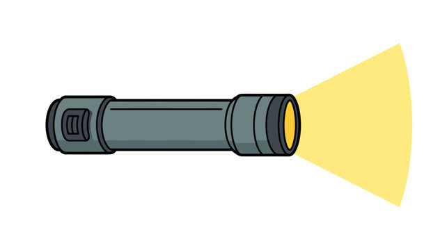 Illustration of a flashlight with bright focused light beam shining forward