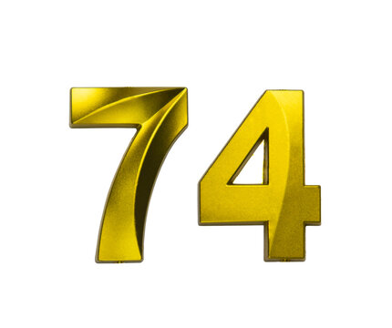 A shiny gold single number seventy-four with a swirling, reflective metallic texture, on a clean white background.