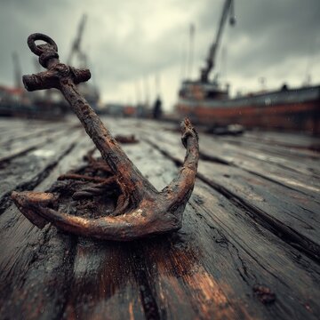 Heavy rusty iron ship anchor resting on weathered wooden dock with boats and overcast sky in moody harbor scene. AI generated image