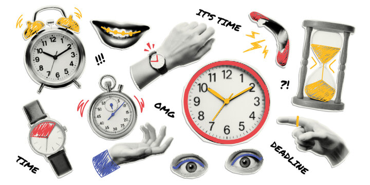 Trendy paper cutout collage elements. Halftone style time stickers with doodles. Collage template design for time, deadline, and time management.