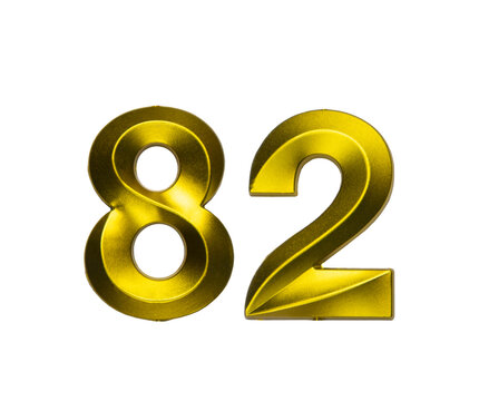 A shiny gold single number eighty-two with a swirling, reflective metallic texture, on a clean white background.