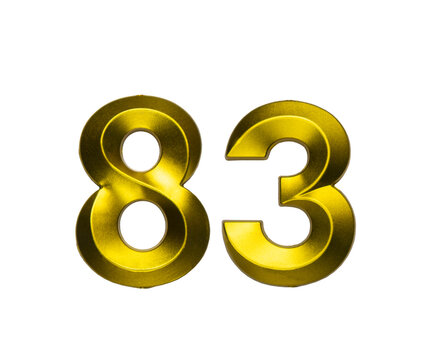 A shiny gold single number eighty-three with a swirling, reflective metallic texture, on a clean white background.
