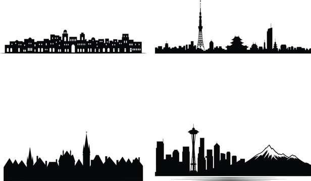 Black and white city skylines with towers and mountains black silhouettes white background