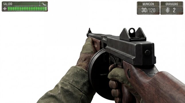 First-person perspective of a player holding a classic Thompson submachine gun. Includes detailed game interface elements like health bar, ammo count, and grenades on white background. Ideal for ga