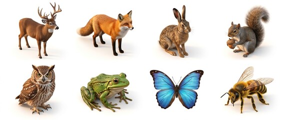 Fototapeta premium A diverse collection of isolated wild animals and insects: deer, fox, hare, squirrel, owl, frog, blue butterfly, and honey bee on a white background. Generative AI.