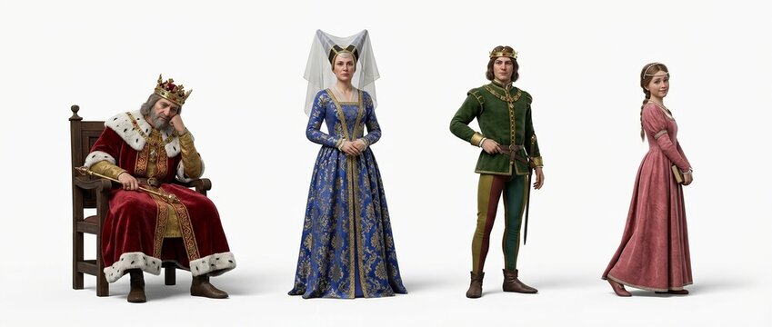 Medieval royal family: pensive king, regal queen, gallant prince, graceful princess in opulent historical attire, isolated on white background. Generative AI.