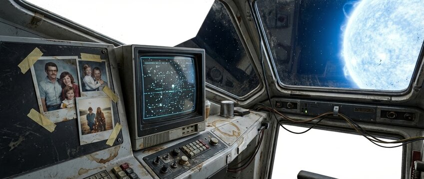 A pilot's worn-out cockpit featuring an old CRT monitor showing a star chart, nostalgic family pictures, and a breathtaking view of a giant blue star.