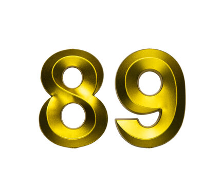 A shiny gold single number eighty-nine with a swirling, reflective metallic texture, on a clean white background.