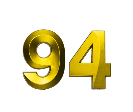 A shiny gold single number ninety-four with a swirling, reflective metallic texture, on a clean white background.