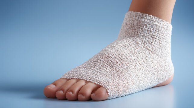 Injured foot with white bandage on blue background  