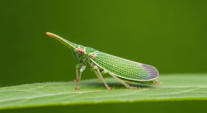 A green leafhopper insect on a green leaf with a blurred green background