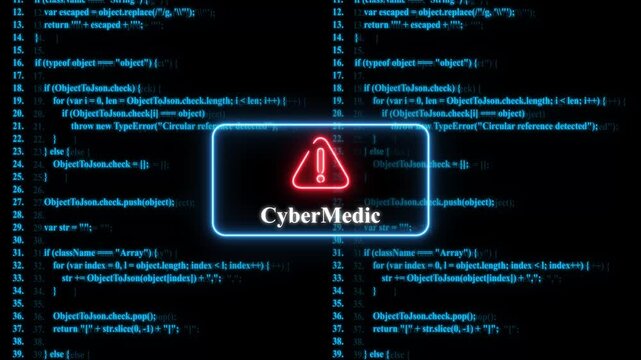 Cyber medic warning sign on digital programming code background: cybersecurity threat and system error concept