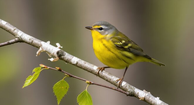 A small yellow and green warbler bird perched on a tree branch outdoors