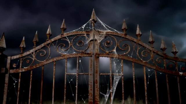 Old rusted iron gate covered with cobwebs under stormy night sky. Cinematic horror scene showing abandoned entrance to cemetery or haunted house at night.