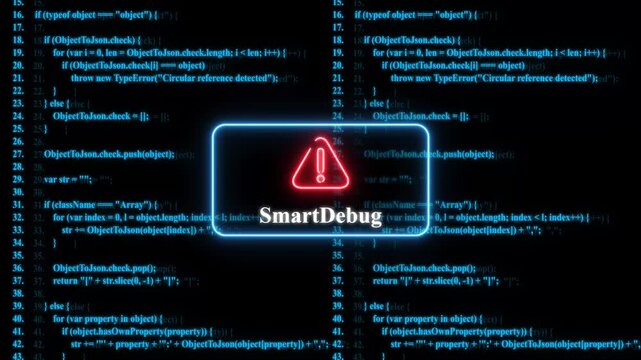 Smart debug software error alert concept with glowing neon warning and scrolling blue programming code background