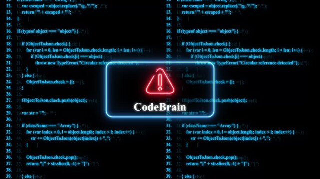 Code brain software error alert: neon warning sign over scrolling programming code background, for tech development projects