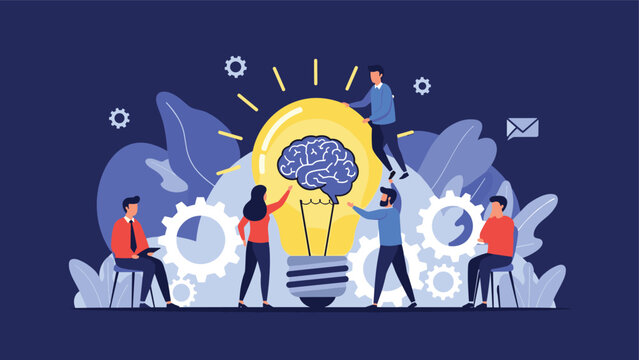 Group of business people putting a brain into a giant lightbulb for collective innovation, brainstorming, and smart ideas.