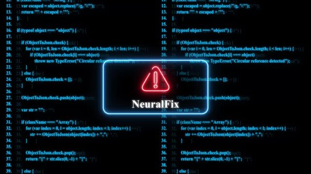 Neural fix software error warning: cyber security alert with glowing red warning and blue programming code background