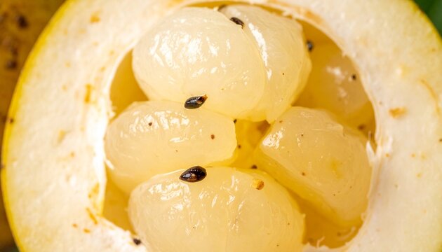 Macro cross-section of ripe marang fruit with creamy segments and seeds in natural light