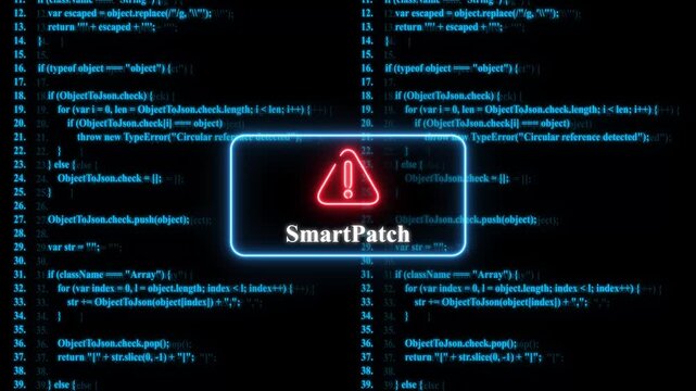 Smart patch software update alert on digital coding background: cybersecurity and programming concept