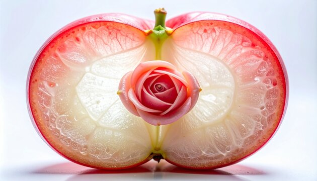 Macro cross-section of wax jambu fruit with rose-shaped core and translucent flesh